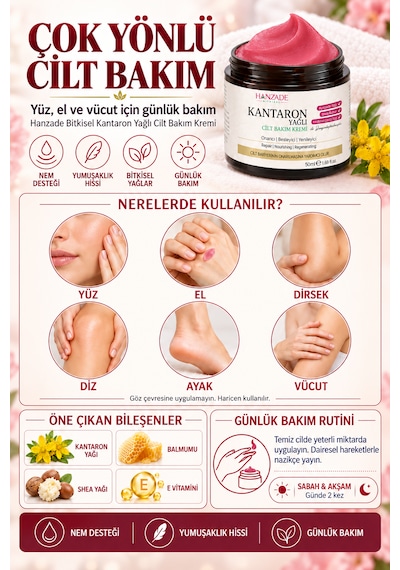 Hanzade Bitkisel Kantaron Yağlı Krem 50 Ml Nemlendirici Yüz, El Ve Vücut Bakım Kremi, E Vitaminli