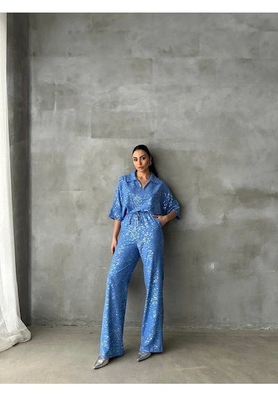 Defymoda Varaklı Bluz Pantolon Takım - Mavi Mavi
