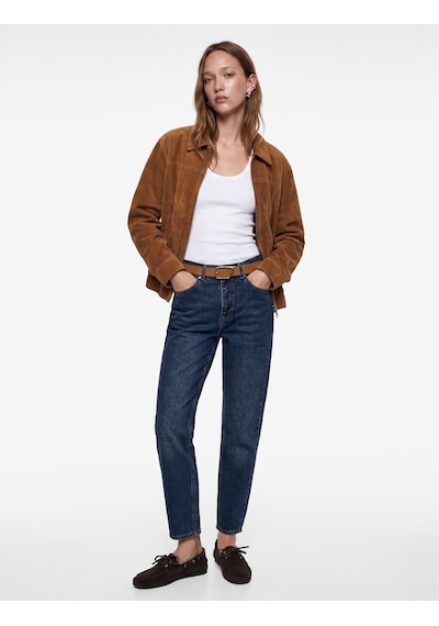 Koton Kemerli Yüksek Bel Dar Kalıp Düz Paça Pamuklu Denim Pantolon - Mom Slim Jean Koyu İndigo 7wal40095md