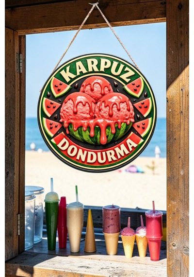 Karpuz Dondurma Görselli Ahşap İpli Kapı Duvar Süsü Yazlık Cafe Dekoratif Pano