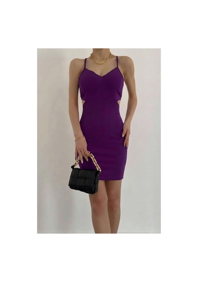 Kadın Trend Model Krep Kumaş V Yaka Kemerli Mini Askılı Elbise Açık Mor
