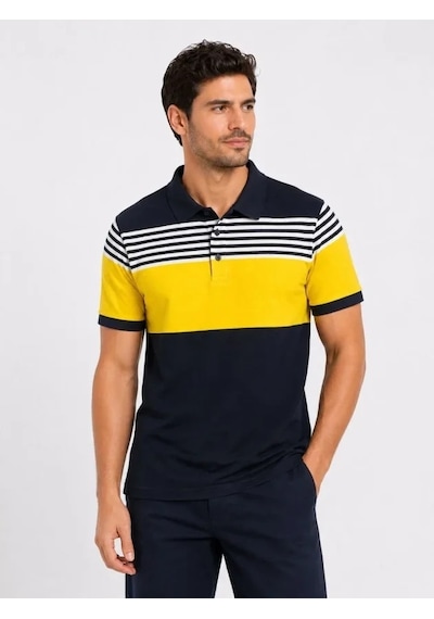 Defymoda Erkek Pike Kumaş Çizgili Polo Yaka Tişört Kısa Kol Yazlık T-shirt - Lacivert