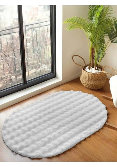 Raschel Carpet Beyaz Yumuşak Bubble Kaymaz Özel Taban Oval Peluş Halı Yolluk