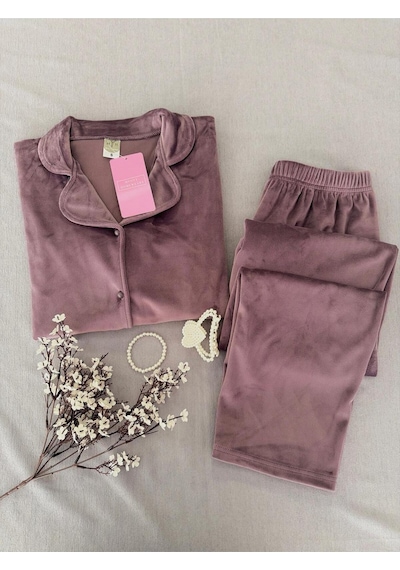 Mh Moony Homewears 2'li Gül Lilası Yumuşacık Kışlık Kadife Pijama Takımı Gül Lilası