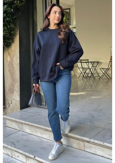 Lacivert Bisiklet Yaka Basic Sweatshirt Mg2185