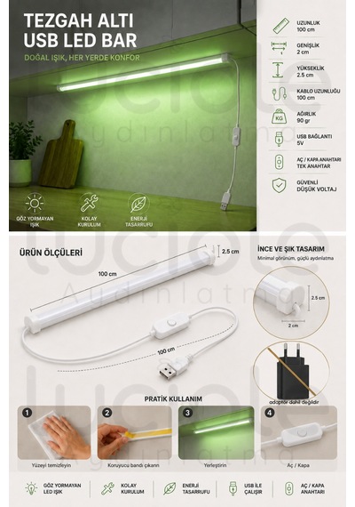 Yeşil Led Profil Lamba 100 Cm Usb 5v Anahtarlı Yapışkanlı Raf Dolap Vitrin Tezgah Aydınlatması