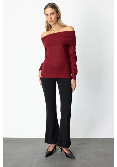 On Fashion Kadın Omzu Açık Bordo Kazak 65380 Bordo
