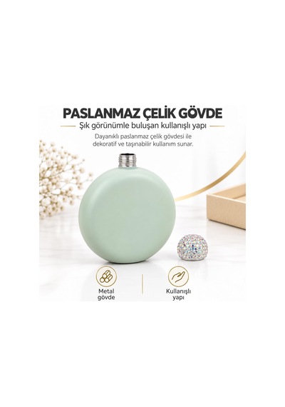 Lüks Taş İşlemeli Renkli Paslanmaz Çelik İçki Matarası 5 Oz 150 Ml. Cep Çanta Kamp Outdoor Hediyelik Yeşil