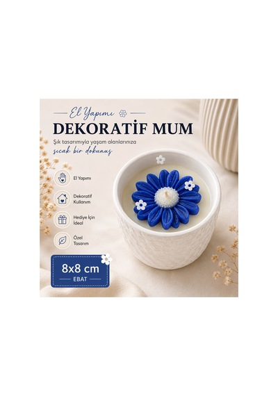 Mavi Çiçek Detaylı Dekoratif El Yapımı Mum 8x8 Cm