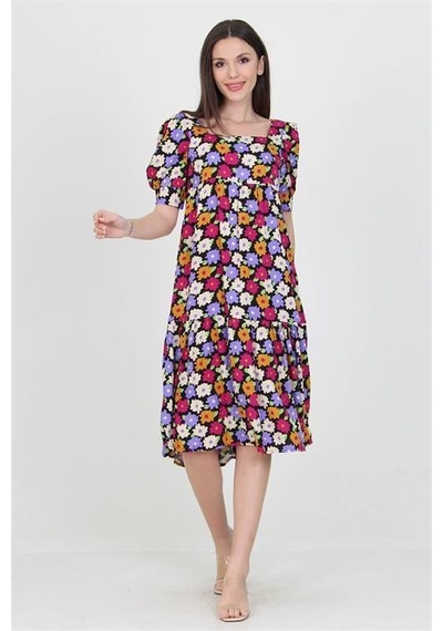 Dip Moda Kadın Kare Yaka Çiçek Desenli Viskon Elbise Dpnb10026 Lila