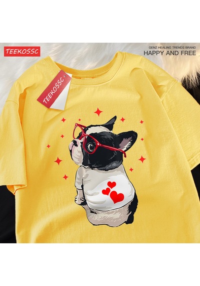 Startmore Y2k Vintage Tişört Tee Sevimli Köpek Geri Bakmak Baskı Sarı