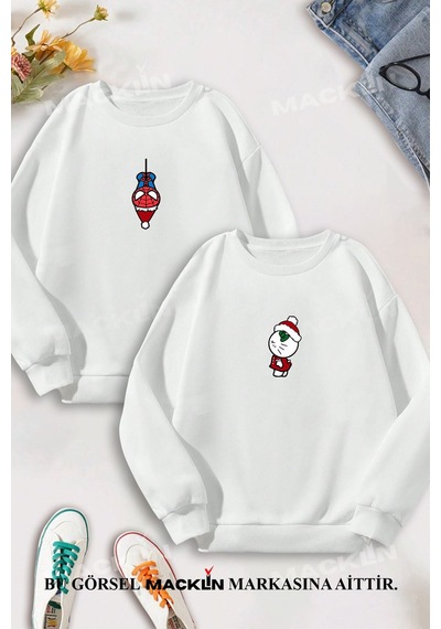 Macklin Sevgili Çift Kombin Spiderman Hello Kitty Yeni Yıl Baskılı Bisiklet Yaka Sweatshirt 2li Set Takım Beyaz Mck1578 Beyaz