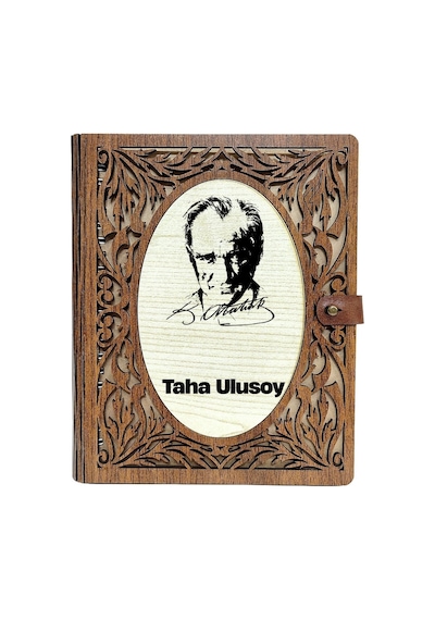 Atatürk Tasarımlı Kişiye Özel Ahşap Defter - İsme Özel Kahve