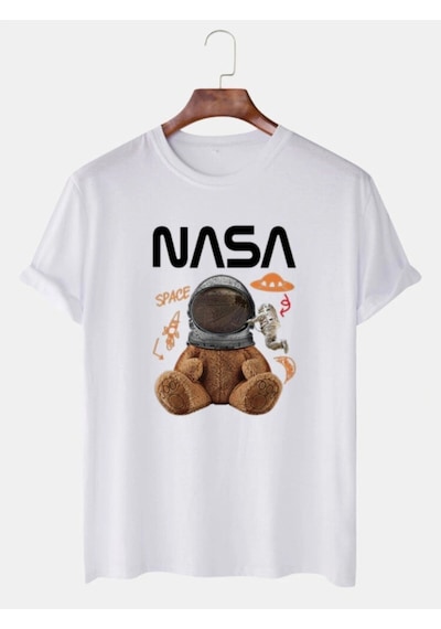 Startmore Unisex Beyaz Nasa Uzaylı Ayıcık Baskılı Bisiklet Yaka Oversize Tişört Beyaz