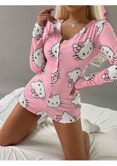 Pamuklu Pembe Hello Kitty Desenli Düğmeli Uzun Kol Tulum Pijama