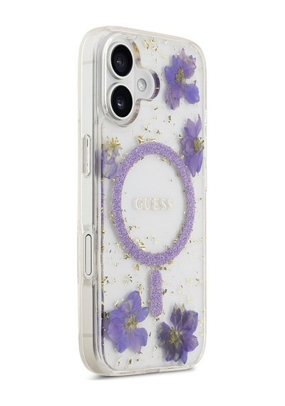 Apple Uyumlu iPhone 17 Kılıf Guess Lisanslı M-safe Özellikli Transparan Resin Flowers Kapak Mor Mor