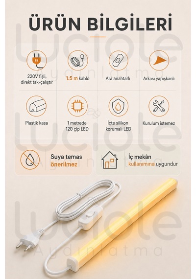 220v Amber Led Bar 100 Cm Fişli Anahtarlı Yapışkanlı Tezgah Altı Dolap İçi Aydınlatma