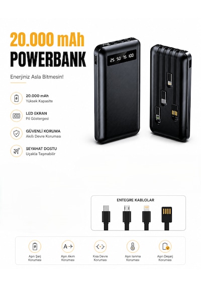 20.000 Mah Dijital Ekranlı Powerbank Yüksek Performanslı 4 Çıkışlı Dahili Kablolu Taşınabilir Batarya Diğer