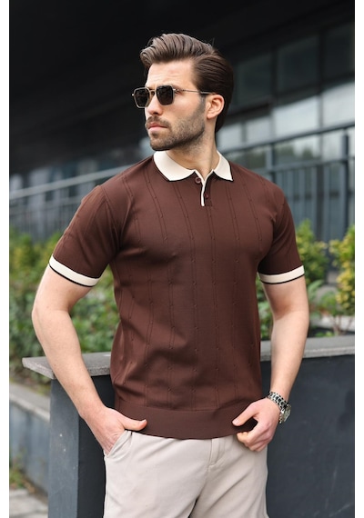 Madmext Kahverengi Polo Yaka Triko Erkek Tişört E7470 Kahverengi