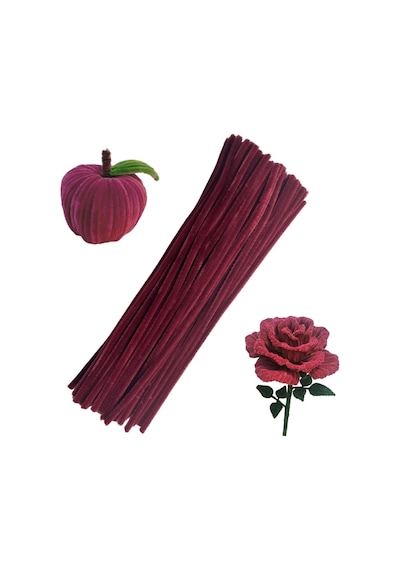 50 Adet Bordo Şönil, Çiçek Yapımına Uygun Bordo Renk Tüylü Tel, 30 Cm 6mm
