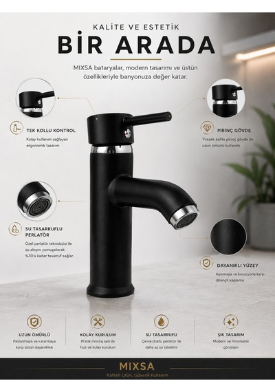 Siyah Lüx Premium Pirinç Sabit Lavabo Bataryası Özel Tasarım Çift Su Girişli Lavabo Bataryası Çeşmesi Musluğu