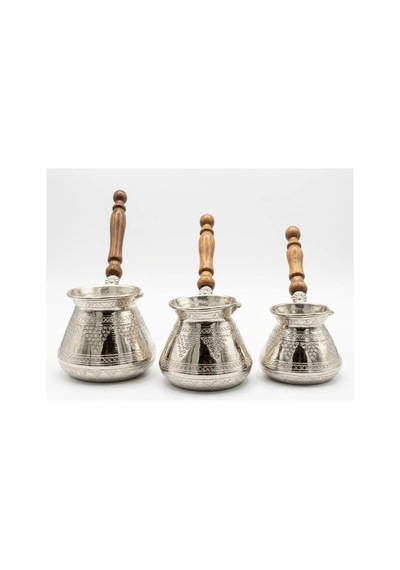 3 Lü Gümüş Renk Üzüm Desenli Bakır Cezve Seti 2-4-6 Kişilik 1,2 Mm El İşçiliği Ahşap Saplı - Bakır Bileklik Hediyedir