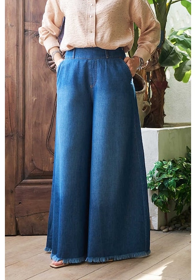 1153-denim Püsküllü Pantolon Etek Koyu Mavi Koyu Mavi
