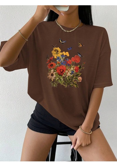 Uyguntarz Unisex Renkli Çiçekler Baskılı Tasarım Tshirt Kahverengi