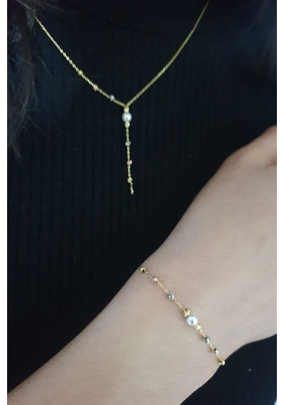 Papatya Silver 925 Ayar Gümüş İncili Dorika Toplu Bileklik Kolye Set