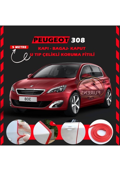 Peugeot 308 Oto Araç Kapı Koruma Fitili 5metre Parlak Kırmızı Renk