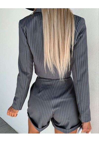 Hgfashion Atlas Çizgi Desenli Kumaş Şort Ve Ceket İkili Takım Siyah Renk Siyah