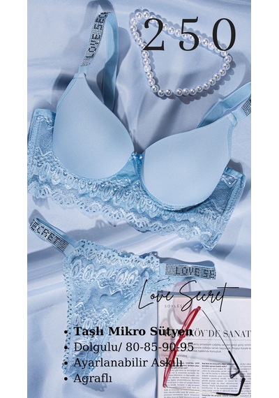Tılsım Lingerie Murays Kadın 2 Li Taşlı Sütyen Takım Haki - Mavi