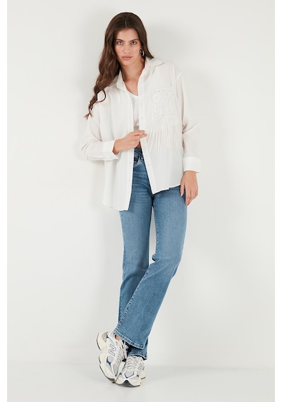Lela Regular Fit Güpürlü Cep Detaylı Uzun Kollu Bayan Gömlek 6773215 Beyaz