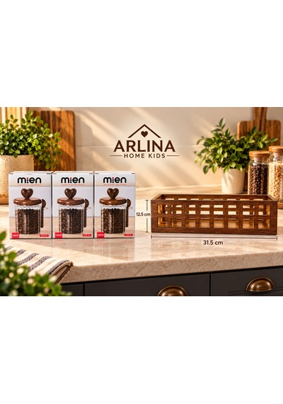 3 Lü 570 Ml Cam Kavanoz & Ahşap Stand Seti Şeffat Cam - Akasya Ahşap Kapak