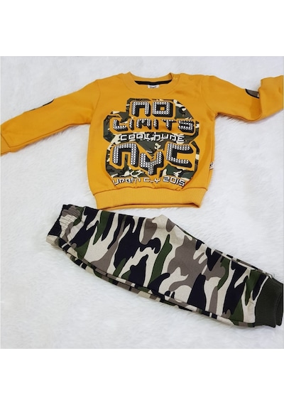 Erkek Çocuk Kamuflaj Desenli Pamuklu Pijama Takımı Sarı