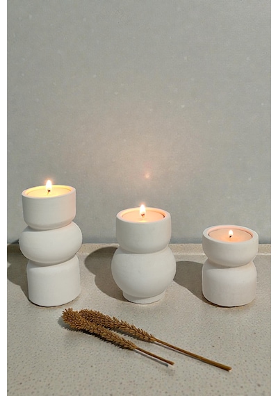 3lü Tealight Mumluk Seti - Dekoratif Beton Mumluk - Mumlar Dahildir Beyaz