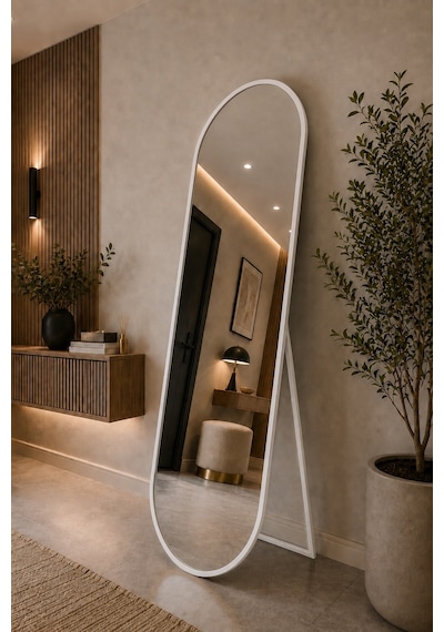 Effe Beyaz Metal Çerçeveli 180x60 Cm Elips Model Ayaklı Boy Aynası