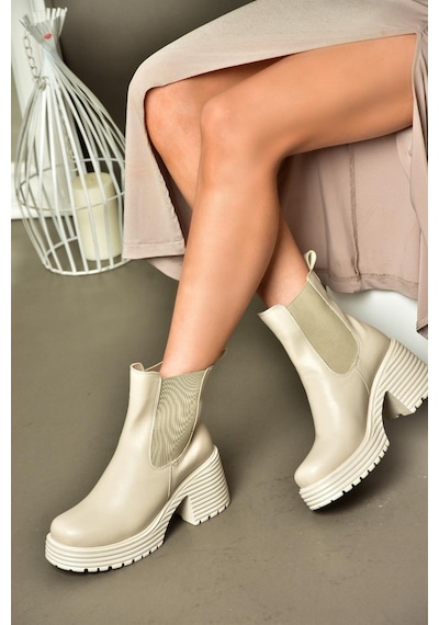 Fox Shoes R996020009 Bej Kalın Topuklu Kadın Bot Bej