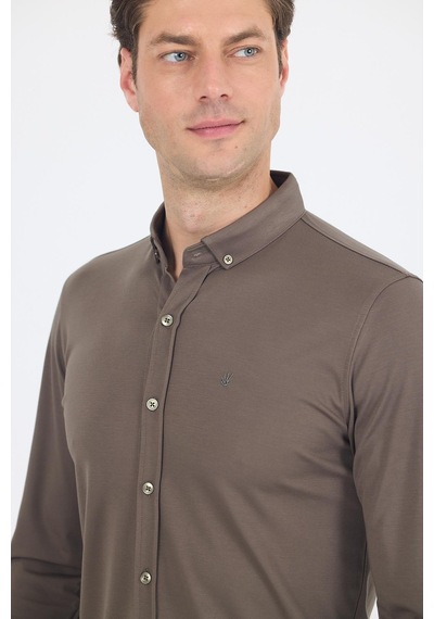 İmza Koyu Haki İtalyan Düğmeli Yaka Uzunkol Cepsiz Slim Fit Gömlek 1004250254 Koyu Haki