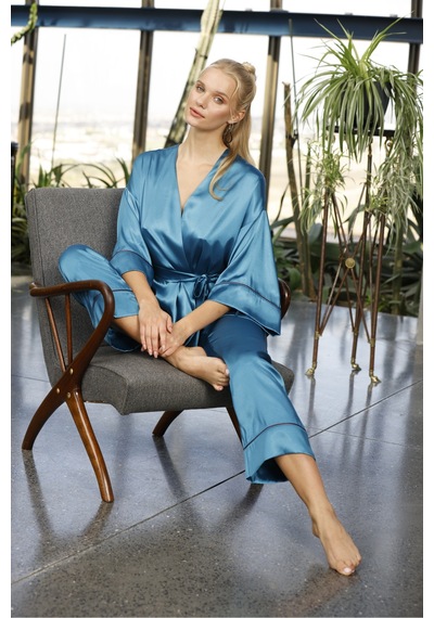 Kadın Turkuaz Saten Kuşaklı Pijama Takımı Kimono Kol Detaylı Şık Ve Rahat 2 Li Set