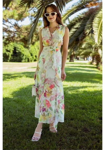 Neşeli Butik Kadın Çiçek Desenli Yazlık Elbise Nbmy3788 Ekru