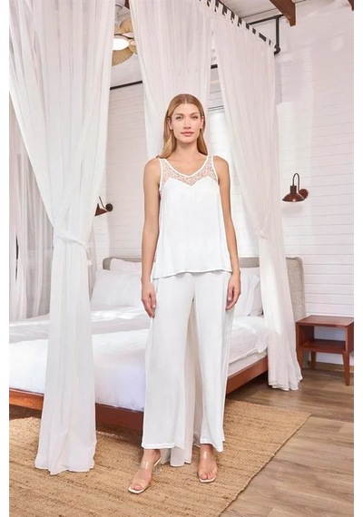 Ang Butik Kadın Dantelli Ve Dekolteli Saten Pijama Takımı BEYAZ