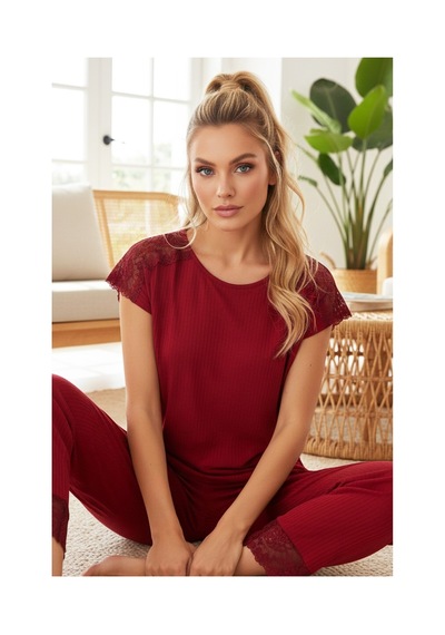 Siyah İnci Soft Touch İnce Mevsimlik Dantel Detaylı Örme Pijama Takım7864 Bordo