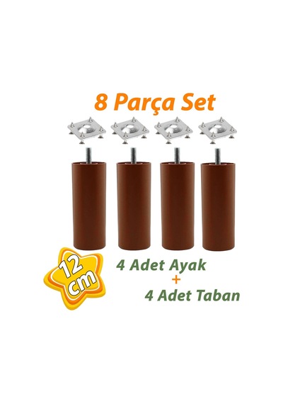 4 Adet Destek Ayağı 12 Cm Kahverengi Ve 4 Adet Düz Ayak Tabanı M8 Civatalı İnce Diş Mobilya Baza Seti