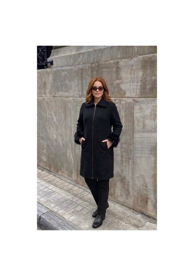 Onno Style Women Kol Ağzı Kürklü Çelik Örgü Triko Kadın Kaban Siyah