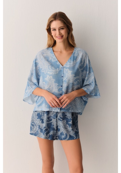 Suwen Paisly Gömlek Yaka Şort Pijama Takımı Sh26505667b628 Lacivert