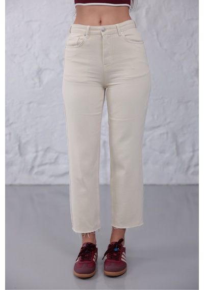Eseclass Premium Krem Straight Denim Kesik Paça Jean Pantolon Krem Krem