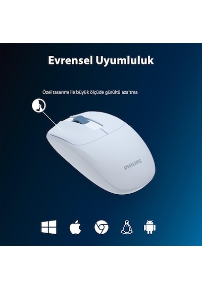 Philips Uyumlu  Spk7398j Kablosuz 1600dpı Sessiz Optik Mouse Açık Mavi Diğer