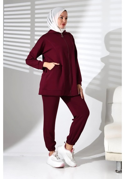 Mihran Butik Kadın Mevsimlik Alt Ve Üst Rahat Mürdüm Spor Tesettür Takım Mürdüm