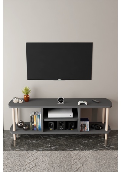 Modern Tv Ünitesi Ahşap Raflı 2 Katlı 4 Raflı Televizyon Sehpası Televizyon Ünitesi Antrasit Modern Tv Ünitesi Ahşap Raflı 2 Katlı 4 Raflı Televizyon Sehpası Televizyon Ünitesi Antrasit